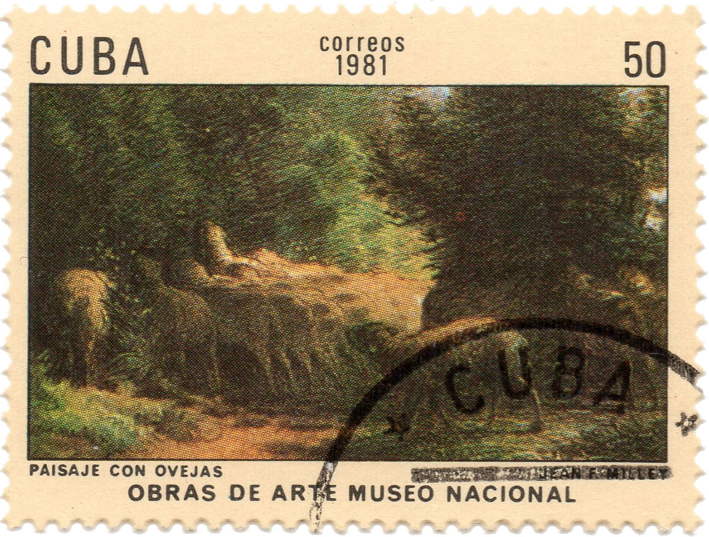 #6 PAISAJE CON OVEJAS JEAN F. MILLET OBRAS DE ARTE MUSEO NACIONAL 50 peso correos 1981