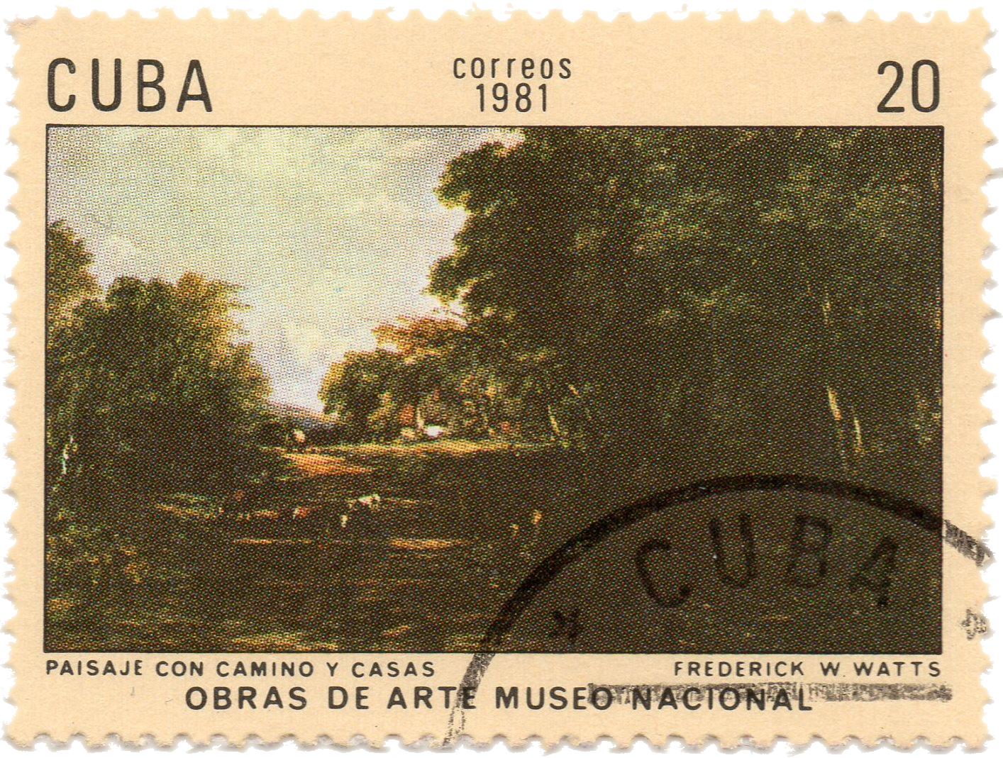 #5 PAISAJE CON CAMINO Y CASAS FREDERICK W. WATTS OBRAS DE ARTE MUSEO NACIONAL 20 peso correos 1981